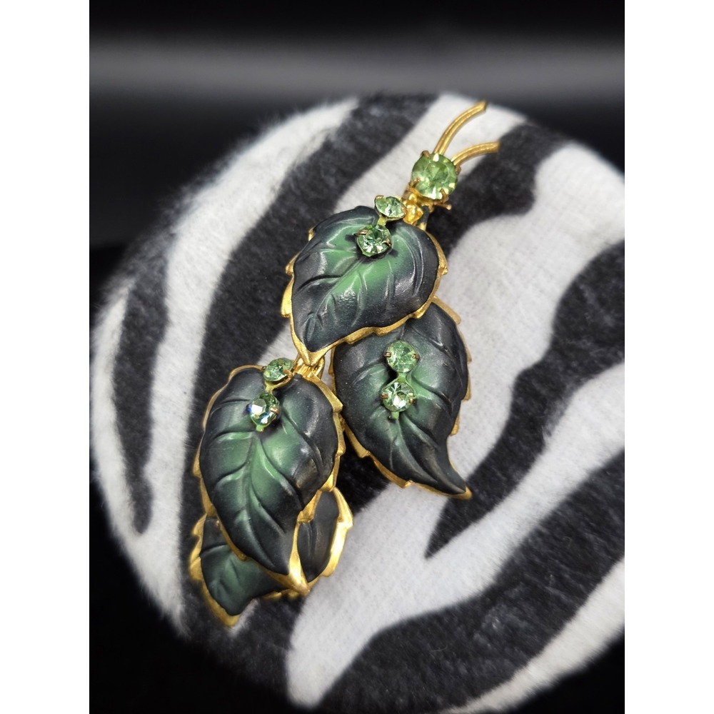 vintage Austrian green enamel leaf and green rhinestone brooch